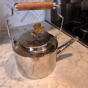 Michael Aram Silver Hammered Teapot with Wooden Handle and Gold Leaf Finial